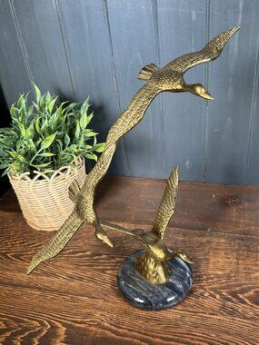 Vintage Brass Flying Geese Sculpture on Marble Base, Flying Birds Figurine
